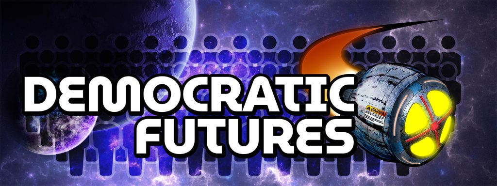 The Escape Pod logo on a space background with rows of stylized human figures behind it, on top text reads "Democratic Futures"